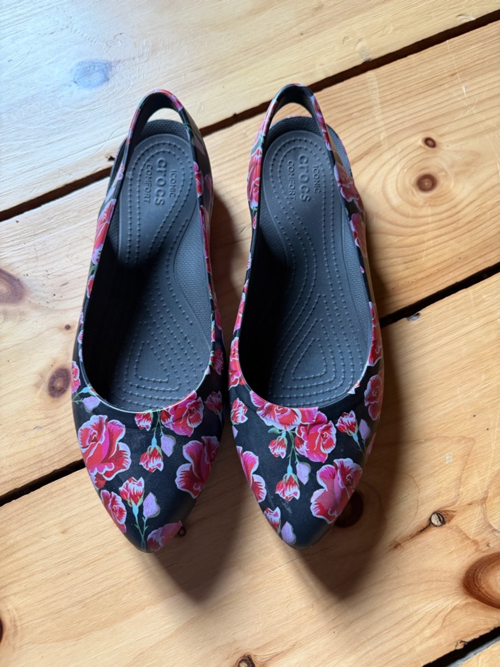 CROCS Black Floral Slingback Flats with Pink Rose Print